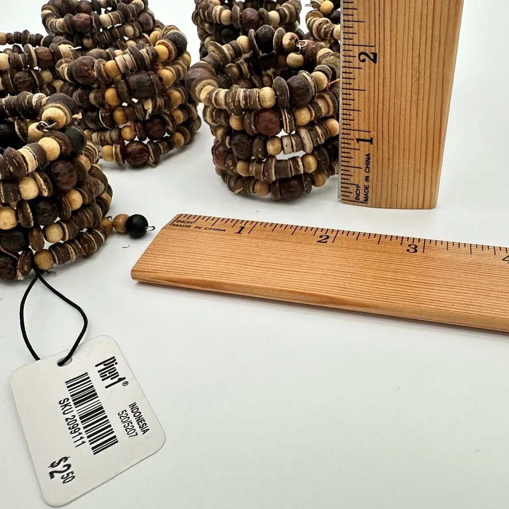 Pier 1 Napkin Rings Set of 8 Brown Woven Wood Bead Memory Wire Boho Coastal